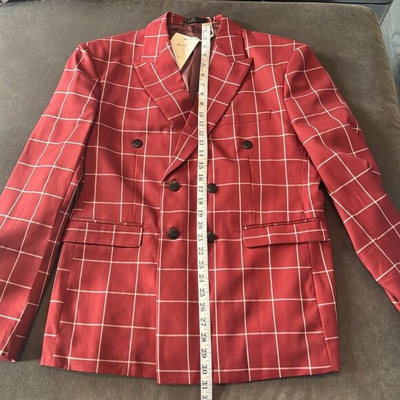 Men’s Check Plaid 3 Piece Suit Double Breasted Peak Lapel 42 Jacket 38 Pants NEW - Picture 6 of 16